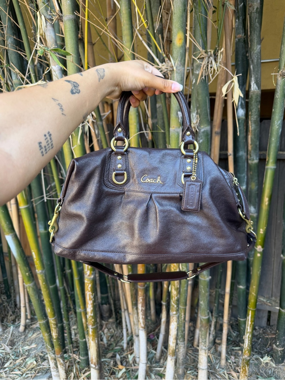 Coach Dark Brown Leather Satchel with Gold Hardware